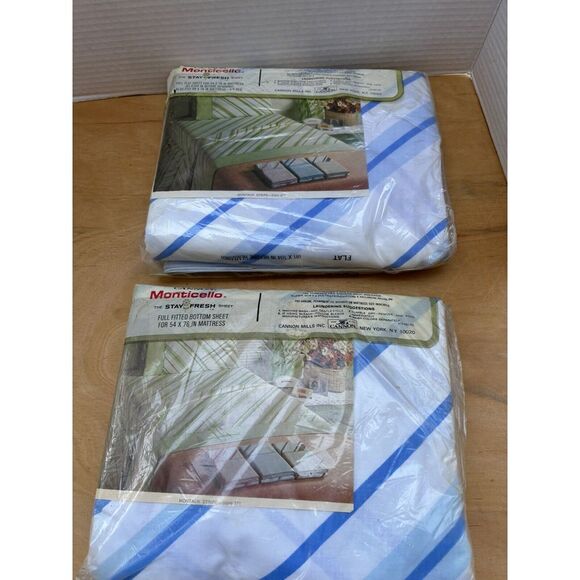 Vintage Cannon Monticello Double Full Fitted & Flat Sheet White w/Blue Stripes - Picture 2 of 8